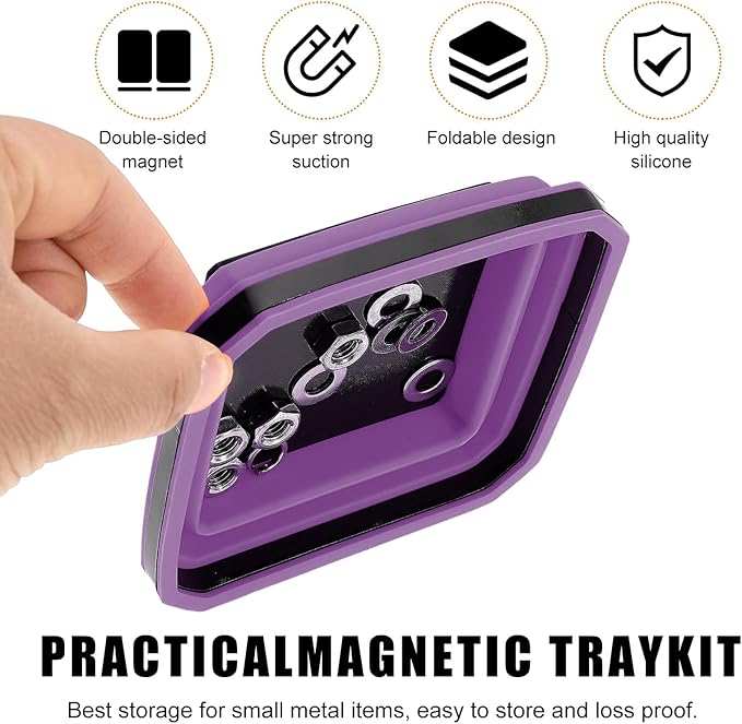 Collapsible Magnetic Parts Tray, 4.5 Inch Foldable Magnetic Square Silicone Tray, Tool Tray Set with Double-Sided Magnetic Base for Screw Bolts Nuts Pins, Car Accessories (Black+Purple, 2PCS)