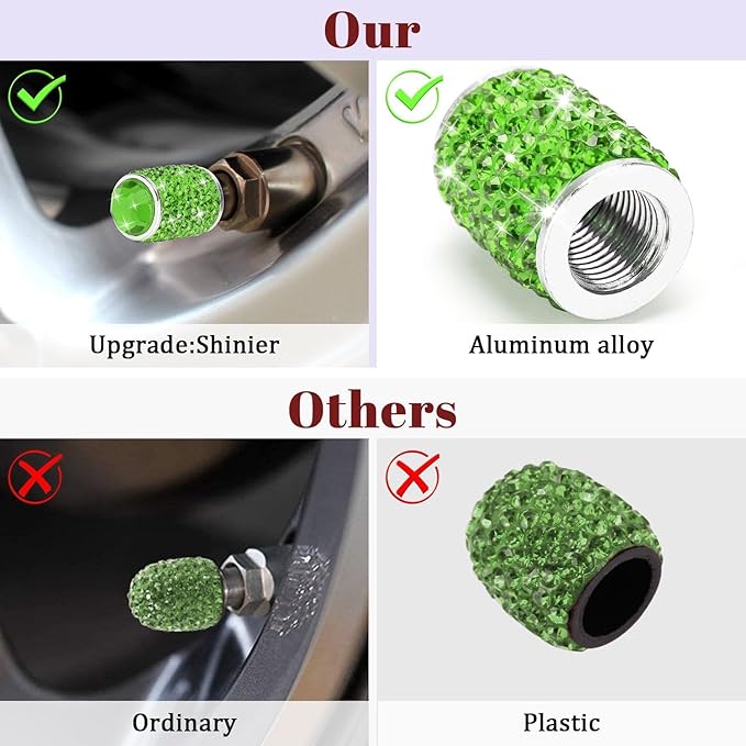 ToBeQueen Bling Green Valve Caps, 4 Pack Handmade Crystal Diamond Rhinestone Tire Valve Caps Universal Dustprood Bling Car Accessories for Women(Grass Green)