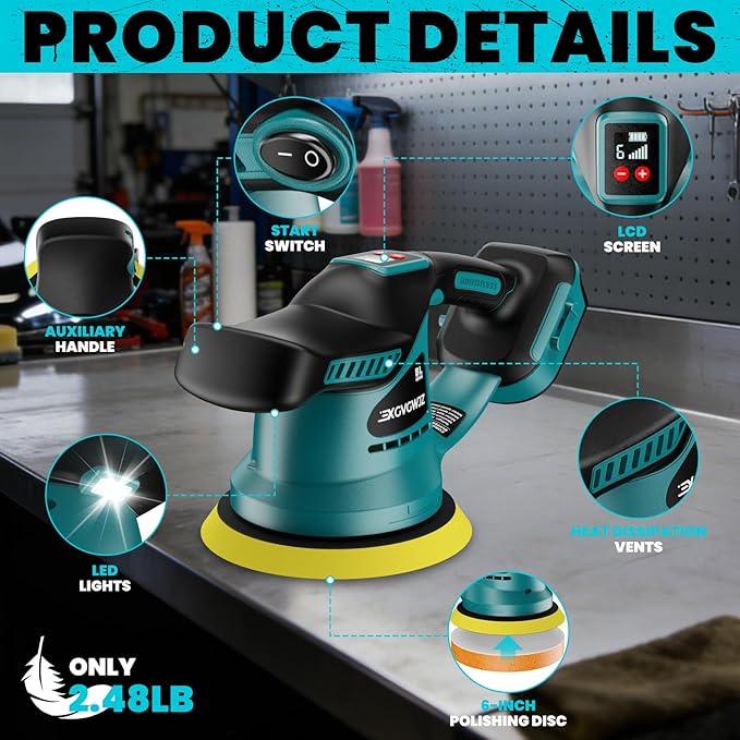 Cordless Buffer Polisher for Makita 18V Battery, 450W Brushless Car Buffer Polisher Waxer with 6 inch disc, 6 Variable Speed Up to 5200 RPM for Waxing Polishing Scratch Removal (Tool only)