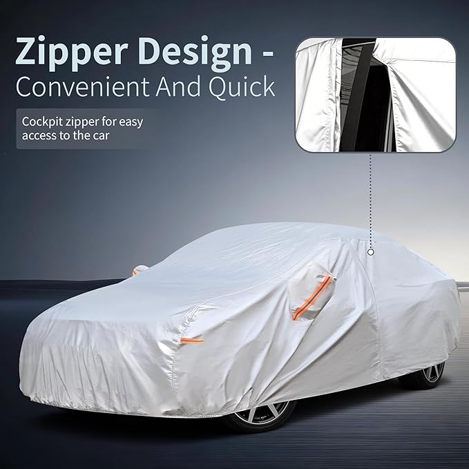Car Cover Waterproof All-Weather,Heavy-Duty Outdoor Full Exterior Automobiles Snow Cover for Sedan 204-208 inch,with Sun Visor,Anti-Scratch Cotton Lining & Zippered,Towel&Storage Bag
