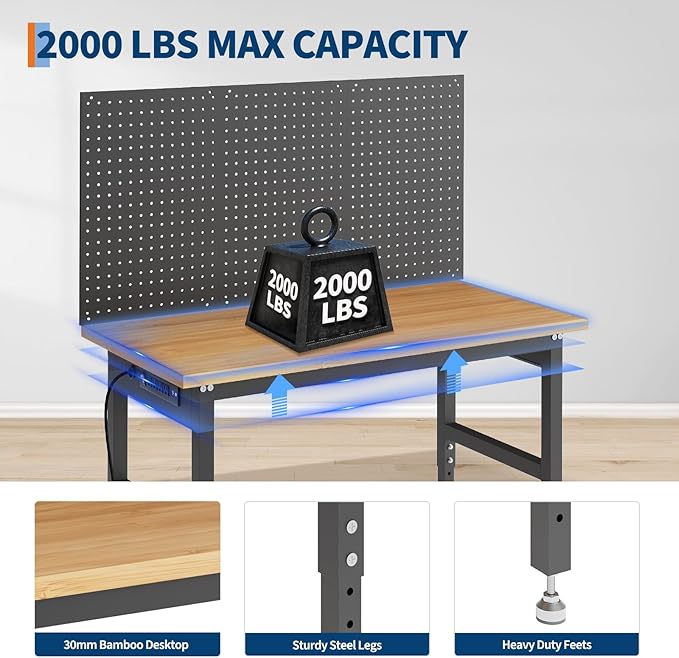 48" Heavy Duty Adjustable Workbench with Pegboard,2000 LBS Capacity, Manual Height 28-40" Garage Work Table for Workshop, Home, Office