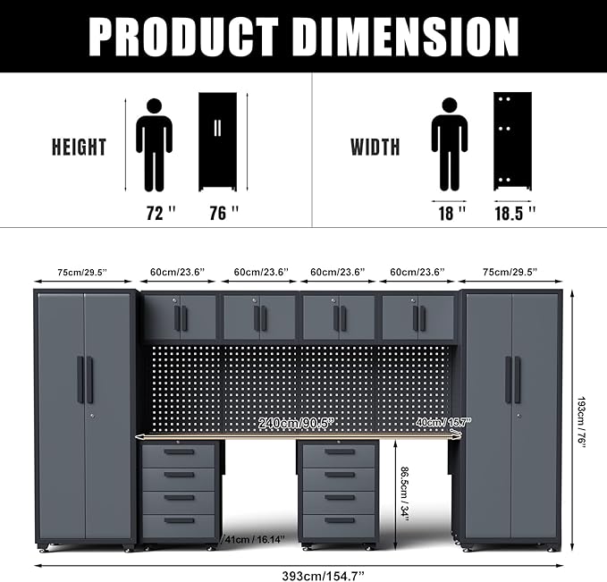 Garage Storage Cabinet System, 14PCS Workshop Set Garage Cabinets and Storage System with Steel Cabinet Drawers, Workbench, Pegboard for Tool Organization
