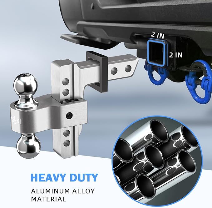 Adjustable Trailer Drop Hitch: 12,500 LBS GTW, 8" Drop Dual Ball for 2" and 2-5/16" - Fits 2 Inch Receiver, Heavy Duty Aluminum (Anti-Rattle) Silver