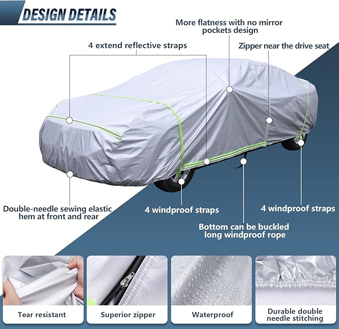 BYDOLL Car Cover Waterproof All Weather 6 Layers Snowproof Windproof Hail Protector Full Exterior Covers UV Protection 210D Oxford Universal Fit Sedan Outdoor Automobiles Zipper Cotton Inside