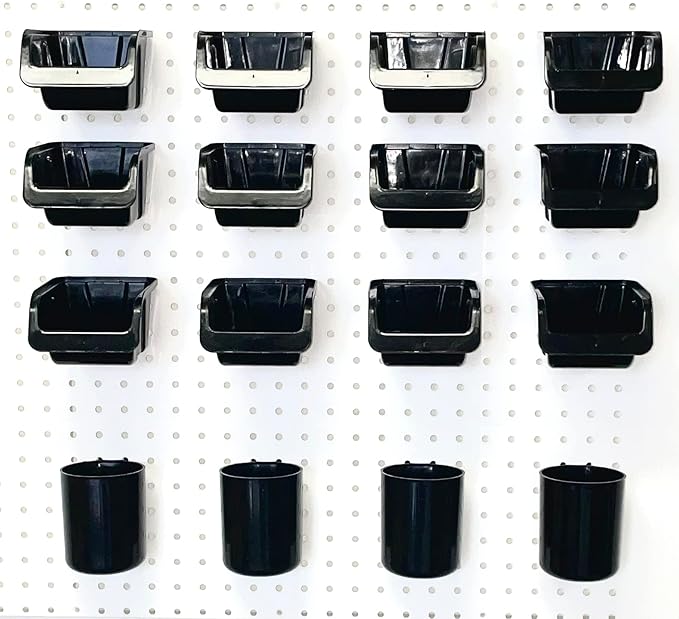 WallPeg Pegboard Bins & Cups - 12 Each 5" Bins and 4 Each 5" Cups - Hooks to Peg Board Panel Organize Hardware Arrange Accessories Workbench Tool Organizer Garage Storage -Made in USA-