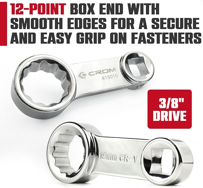 CROM Torque Adapter Extension Set - 10mm to 19mm 3/8" Drive 12-Point Box End Torque Wrench Adapter with EVA Foam Tray, Made from Corrosion-Resistant CR-V Steel and Chrome Finish