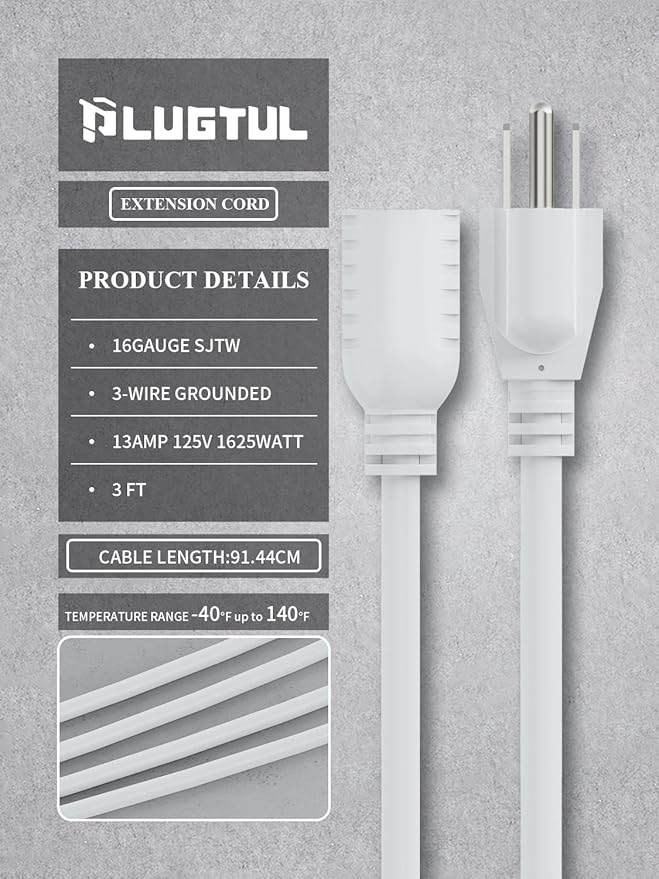 PLUGTUL 3 FT Extension Cord Black, 2-Pack Short Power Cord, Indoor/Outdoor 16 Gauge 3 Prong Grounded Wire ETL Listed, 13A 1625W 125V SJTW