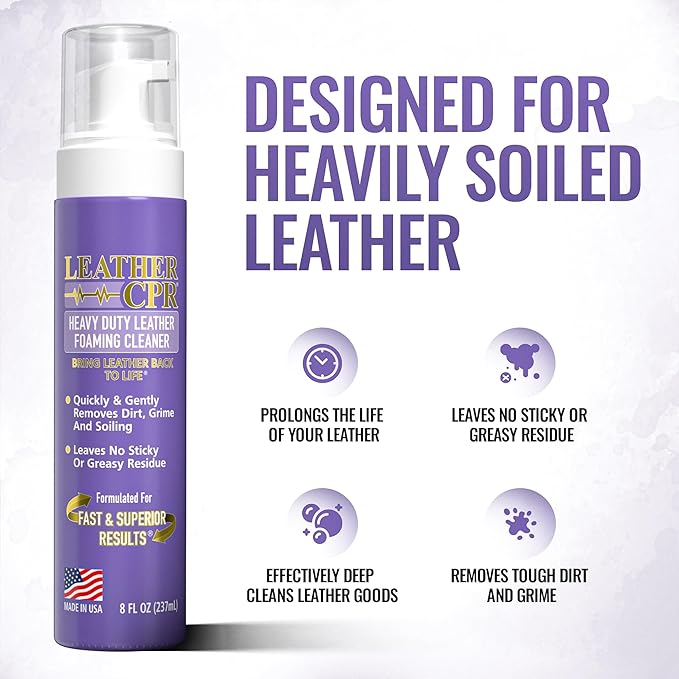 Leather CPR Heavy Duty Leather Foaming Cleaner - 8 oz (2 Pack) - Car Interior Cleaner For Heavy Dirt & Grime, Heavily Soiled Furniture Leather Cleaner For Couch, Car Seat, Purses, Shoes, Boots, & More