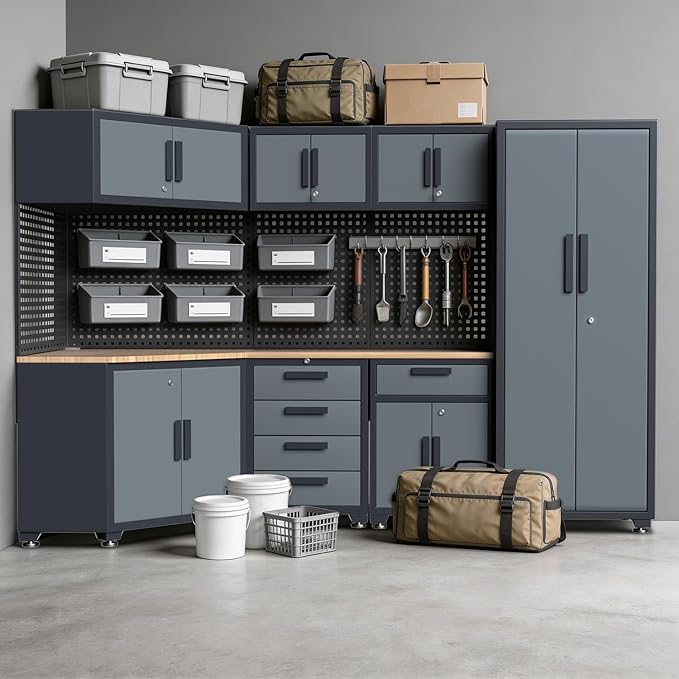 16PCS Garage Storage Cabinet System - Heavy Duty Workshop Set w/Corner Cabinet Includes Workbench, Pegboard & Lockable Drawers | Metal Tool Organization System for Garage/Workshop
