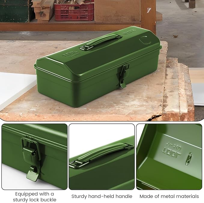 15 Inch Metal Tool Box with Lock - Portable Heavy Duty Workshop Tool Storage Case with Handle, Locking Hardware Organizer Box for Tools, Screws & Parts (Green)