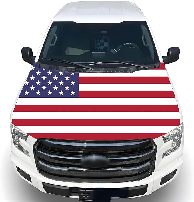 American Hood Flag Cover - 59x51 in Car Hood Cover American Flag for Car Decor, Patriotic Car American Flag with 2 Pack Adjustable Triangular Fasteners