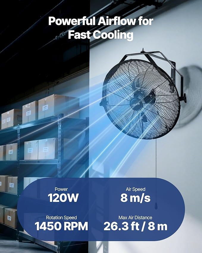 VEVOR 18 Inch Industrial Wall Mount Fan, High Velocity 4000 CFM with 3 Speeds, Powerful Motor Garage Wall Fan with Aluminum Blades for Workshop, Warehouse, Greenhouse, Commercial