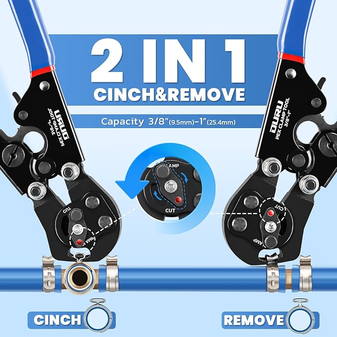 2 IN 1 Ratchet Pex Crimping Tool Pliers Cinch and Remove Combo Function Professional Pex Crimper Long Handle Pex Pinch Tool Pex Pipe Crimp Tool for 3/8" to 1" Stainless Steel Clamps