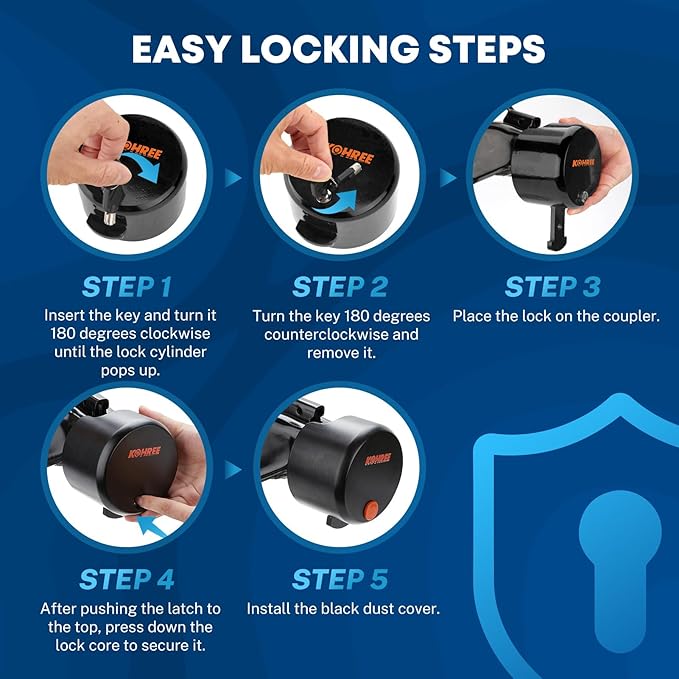 Kohree Trailer Lock, Heavy Duty Trailer Coupler Lock Fits 2 5/16-Inch, 2" Couplers, Trailer Hitch Locks Trailer Tongue Lock Durable Structural Steel Safety RV Lock, 4 Keys 4 Dust Covers, Black