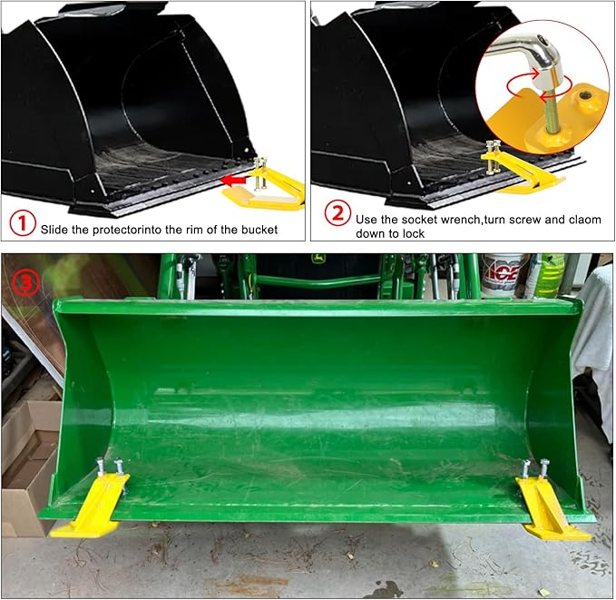 Tractor Bucket Protector, EBESTTECH 2 PCS Bucket Edge Anti-Skid Device Ski Edge Protector Double Hexagon Lock Nuts and Bolts,for Snow Leaves Removal Spreading Gravel,Yellow