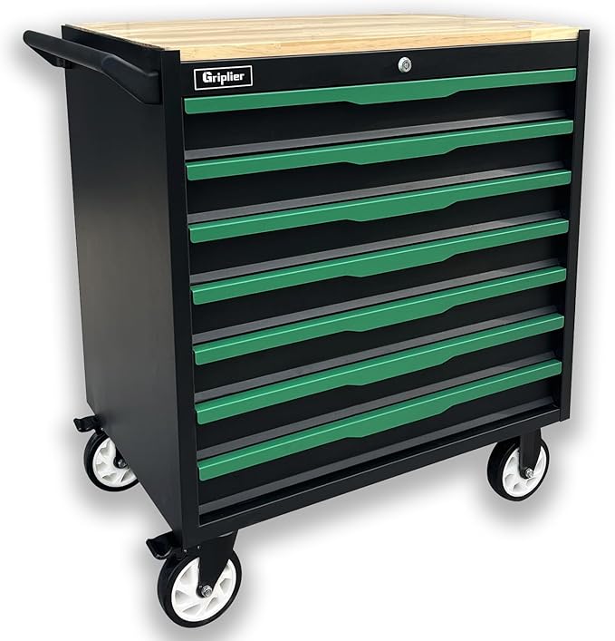 7-Drawer Tool Chest with Wood Top, 31.3W x 18.9D x 32.3H inches, Black and Green，Locking Rolling Tool Box with Wheels,Mechanic Tool Cabinets for Garage, Warehouse,Repair Shop,Workshop