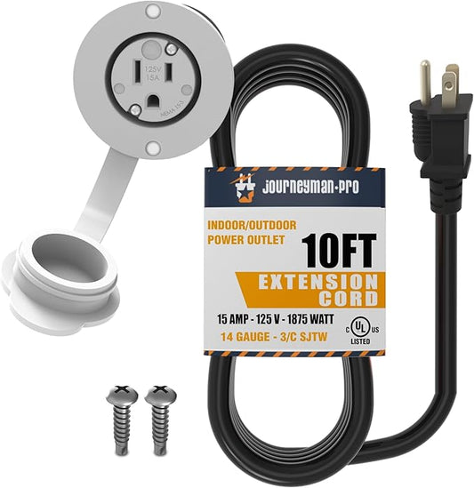 10 Foot 15A Weatherproof Outdoor Power Outlet by Journeyman-Pro 15 Amp 110/120 Volt 5-15R Receptacle Kit with Integrated (10' FT) 120" Extension Cord + Waterproof Rubber Cover (White)
