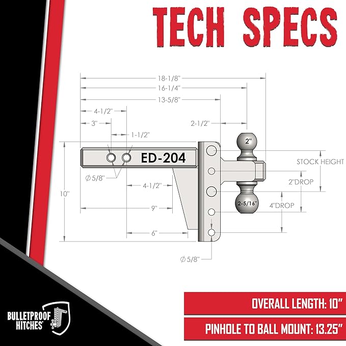 BulletProof Hitches - 2.0" Adjustable Extreme Duty Trailer Hitch (30,000 lb. Rating) - 4" Drop/Rise with 2" and 2 5/16" Dual Ball - Powder Coat, Solid Steel, Corrosion-Resistant