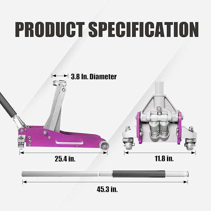 Torin AT830003XLP Aluminum Floor Jack with Dual Piston Quick Lift: Floor Jack with Quick Lift Pump, 3 Ton (6,000 lb) Capacity, Pink