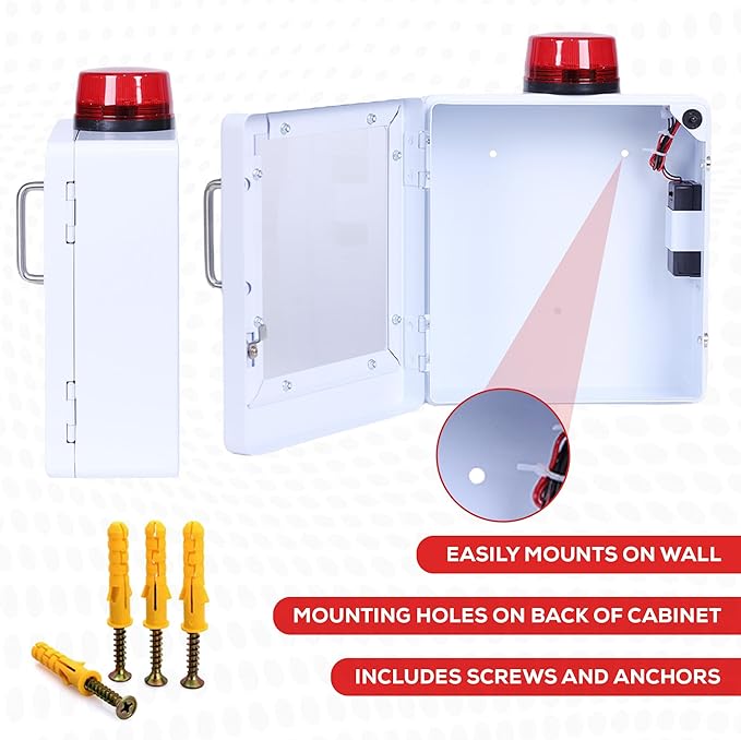 Naloxone Overdose Emergency Kit Cabinet - Includes Optional Alarm and Locking System - Designed for Wall Mount & Public Access (Metal, White)