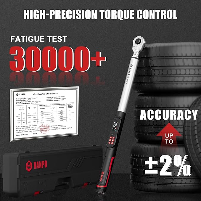 VANPO 1/2-Inch Digital Torque Wrench,14.7-295.0 ft-lbs/20-400 Nm, ±2% Accuracy, Electronic Torque Wrench with LCD Display, Audible & Vibration Alert, Easy Battery Access, for Heavy-Duty Truck Repair