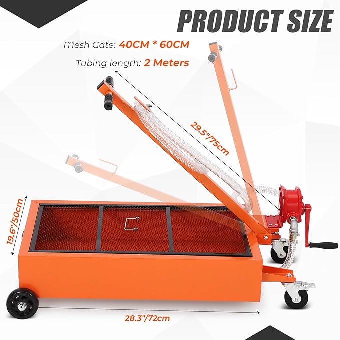 20 Gallon Oil Drain Pan, Low Profile Oil Drain Pan with Manual Pump, Oil Change Pan with 8.2 Ft Hose & Folding Handle, Rolling Oil Drain Tank for Truck, RVs, Buses