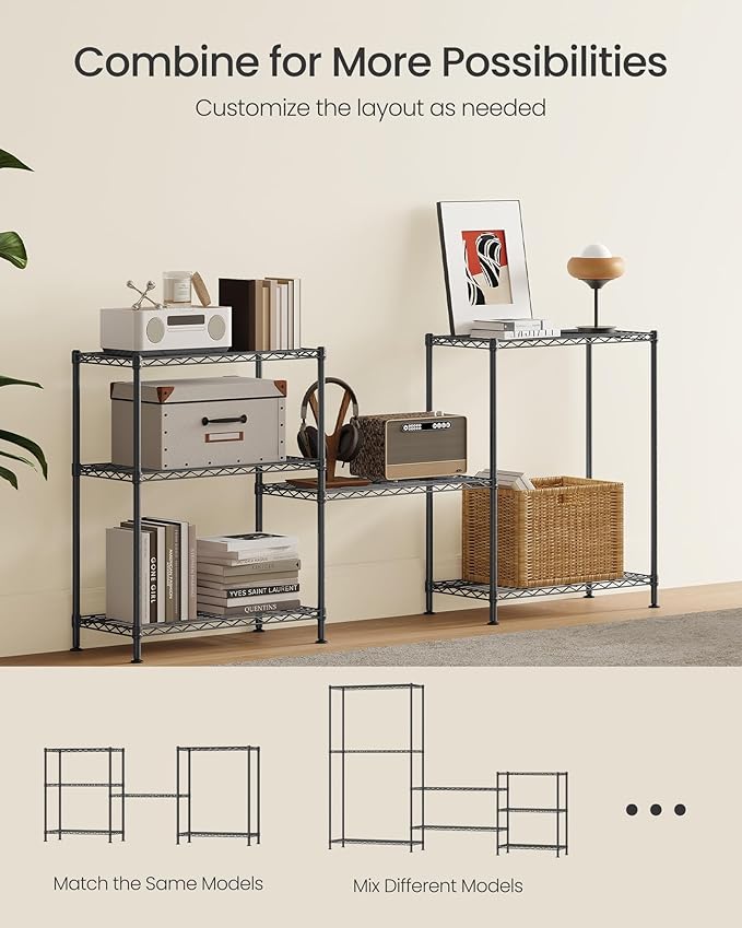 SONGMICS Storage Shelf, Metal Wire Shelving Unit, Adjustable Shelves, for Garage, Bedroom, Living Room, Kitchen, Pantry, 3 Tier, 11.8 x 23.6 x 30 Inches, Ink Black ULGR163BH01S