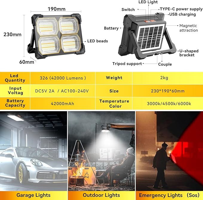 500W Led Work Light Rechargeable,42000MAh Solar Portable Light, 42000LM Magnetic Work Lights, 326 Led Battery Work Lights with Stand 5 Lights Modes IP66 Waterproof for Outdoor Camping Car Repairing