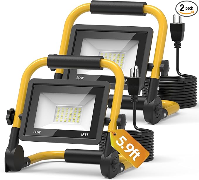 AIKVSXER 3600LM Led Work Light, 30W 6000K Portable Flood Light with 5.9FT Cord & Switch, IP66 Waterproof Worklight for Indoor Outdoor Job Site Repairing Garage Workshop, Gifts for Man, 2 Pack