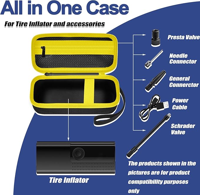 Storage Case Compatible with Portable Air Pump, 120 PSI Air Compressor, Car Tire Inflator Storage Bag for USB Cable, Air House, Connector and Accessories (Box Only)-Black&Yellow