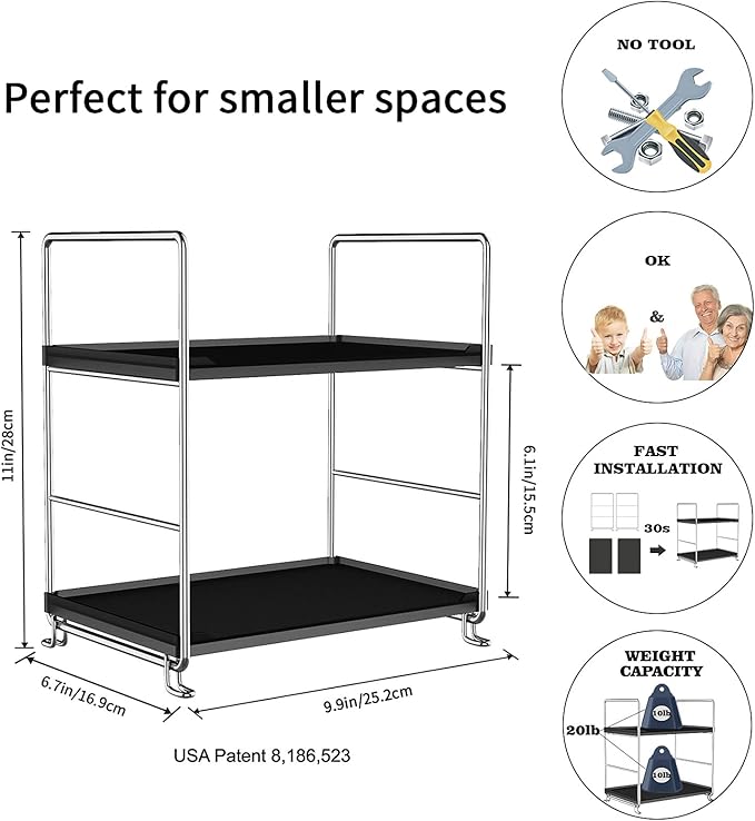 2-Tier Bathroom Organizer Countertop Storage Shelf, Vanity Tray Cosmetic Stackable Storage Rack, Kitchen Spice Rack (Chrome + Black)