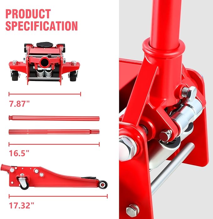 PM PERFORMOTOR Low Profile Hydraulic Trolley Service/Floor Jack, 3 Ton (6000 lbs) Capacity, Lifting Range 3"-20",Red,PM-TOL-FJ30-RD