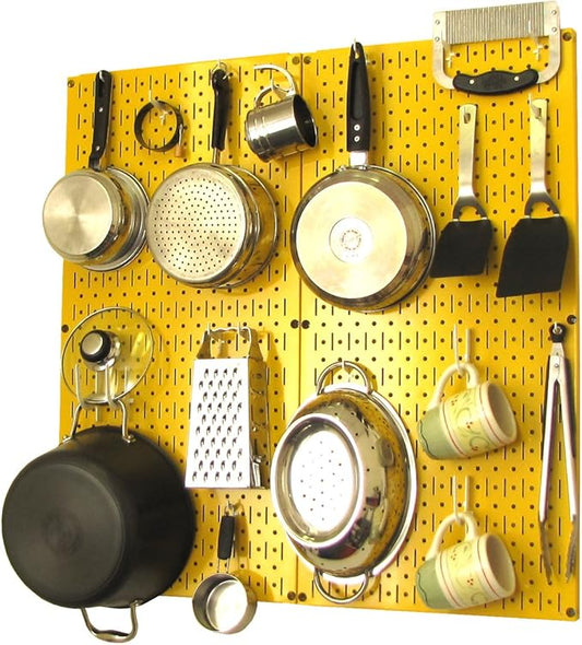 Wall Control Kitchen Pegboard Organizer Pots and Pans Storage Rack Organization Kit with Yellow Pegboard and White Accessories