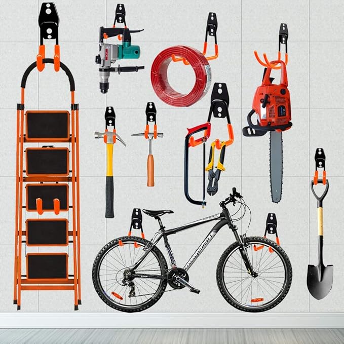 3-H Garage Wall Hooks 10 Pack,Garage Hooks Heavy Duty,Garage Storage Hooks for Hanging and Organizing Garden,Lawn,Yard Tools,Chairs,Ladders,Weed Eater,Shovel,Blower(Orange)