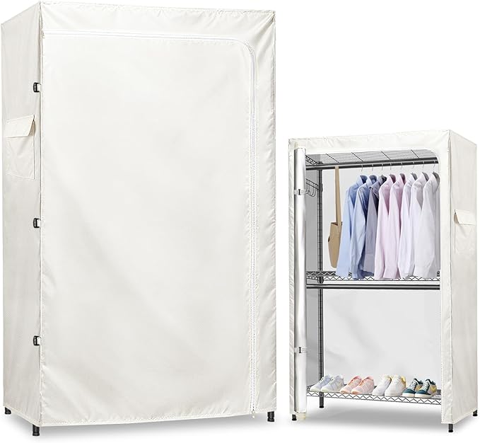 Rileytee Garment Rack Cover,600D Heavy Duty Waterproof Clothing Rack Cover,Clothes Rack Cover with Zipper for Metal Garment Rack(White,46"W x 18"D x 80"H,Cover Only）