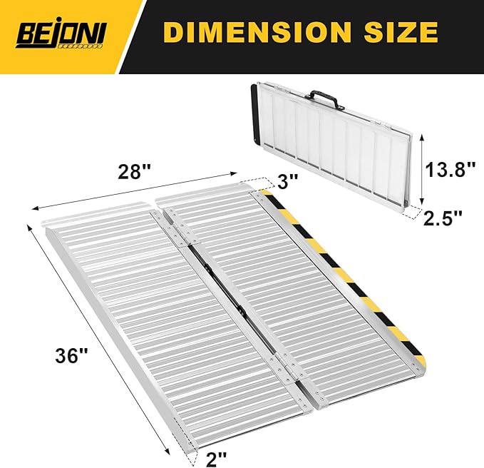 BEJONI 3FT Silvery Folding Portable Wheelchair Ramp, Non-Slip Aluminum Threshold Ramp for Home Steps and Doorways, Handicap Ramp for Home Use, Scooter Ramp for Car, 600 LBS Weight Capacity