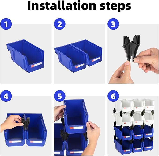 Stackable Storage Bins 12 Pack (11x5x5 Inch), Plastic Stackable Storage Organizer Bins Wall Mounted Hanging Samll Parts Bin for Garage, Workbench & Office (Blue & Red)