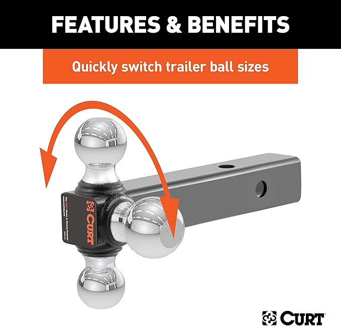 CURT 45001 Multi-Ball Trailer Hitch Ball Mount, 1-7/8, 2, 2-5/16-Inch Balls, Fits 2-Inch Receiver, 10,000 lbs