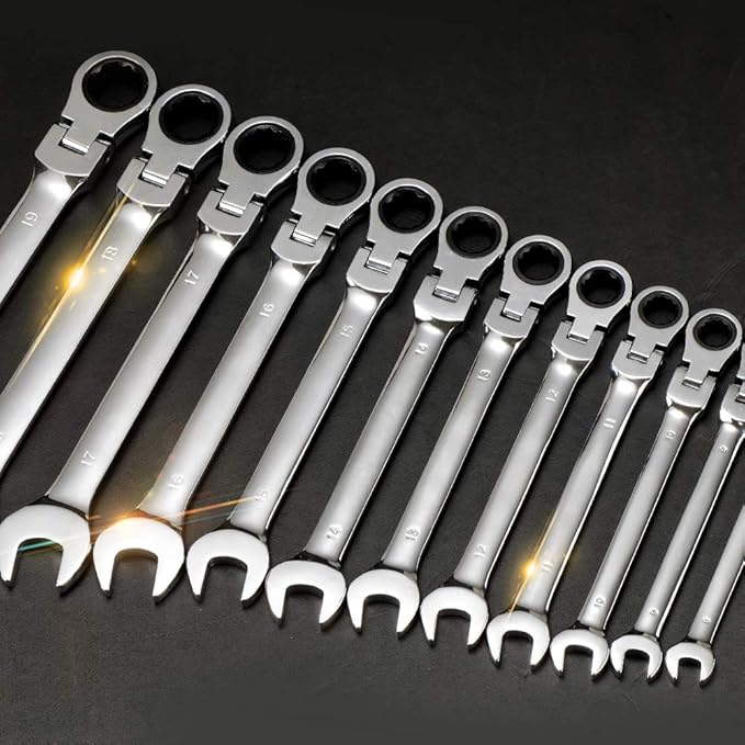 FLZOSPER 12-Piece Flexible Head Ratcheting Wrench Set，Metric Combination Spanner Kit, 8-19mm Chrome Vanadium Steel Ratchet Wrench Set with Portable Suspended Toolbox