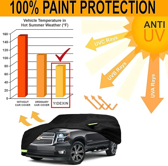 YIXIN Waterproof Car Cover for 2007-2026 Chevy Suburban/GMC Yukon XL/Cadillac Escalade ESV Car Cover Custom Fit 100% Waterproof Windproof Strap & Single Door Zipper Up to 226” L (Black)