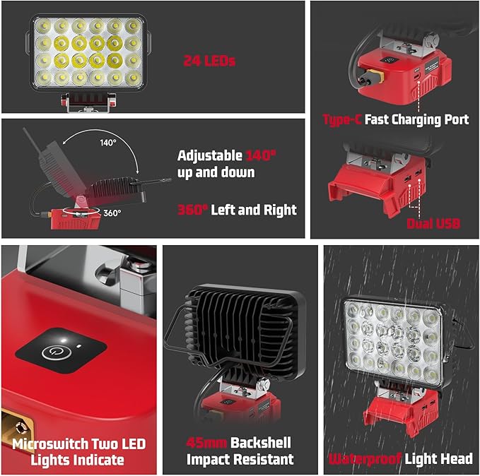 7200LM LED Work Light Compatible with Milwaukee 18V Battery, 72W Cordless Floodlight with 2 USB, 1 Type-C Port, Upgraded LED Light Low Voltage Protection Outdoor Lighting Adjustable 140°