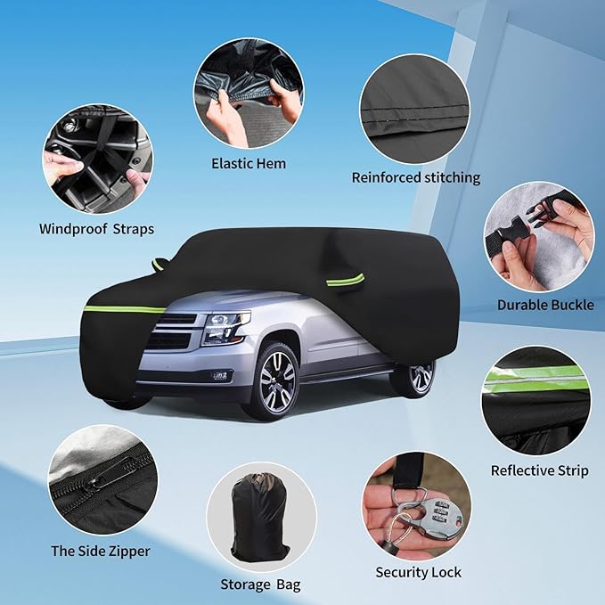 Waterproof Car Covers Fit for 2007-2023 Chevy Suburban/GMC Yukon XL/Cadillac Escalade ESV(Black) 210T Custom Heavy Duty Waterproof All Weather Protection Outdoor