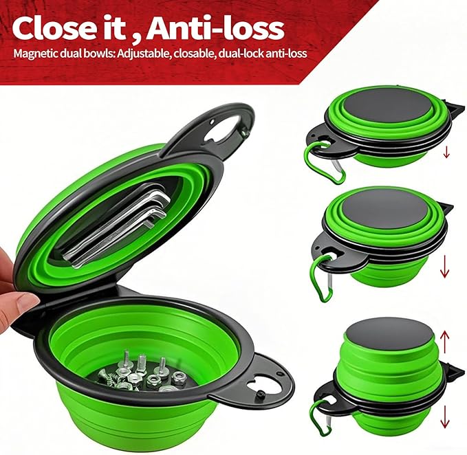 Collapsible Magnetic Parts Tray Set, New Upgraded Version Magnetic Trays, Integrated 5.1" Round Dual Silicone Bowls, Multi-Use Nuts And Bolts Organizer, Bonus Hook for On-the-Go Carry (green2.0)