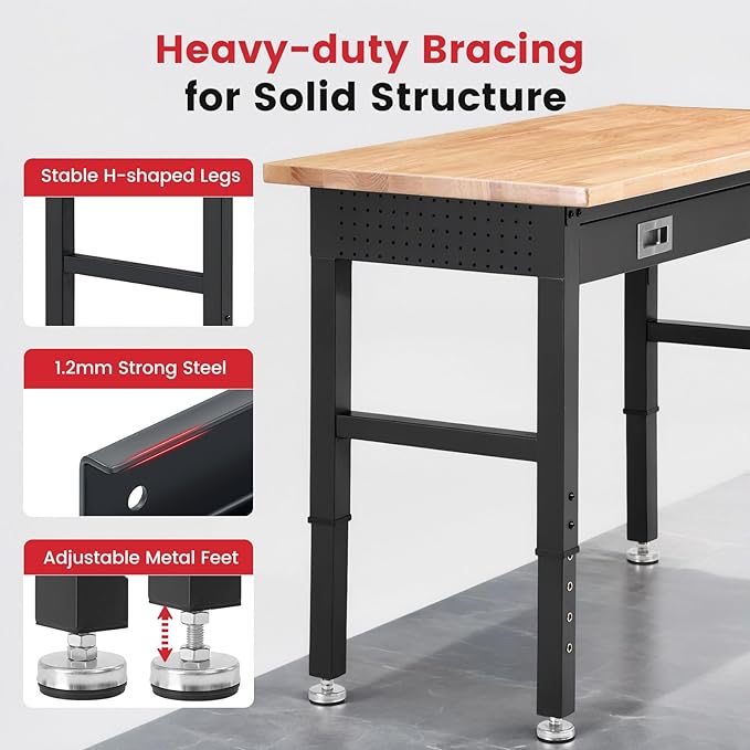 ENJOYWOOD Work Bench with Storage Adjustable Workbenches with Drawer for Garage 48 Inch Rubber Wood Top Garage Workbench with Pegboard, Power Outlets for Woodworking,Home, Office, Workshop