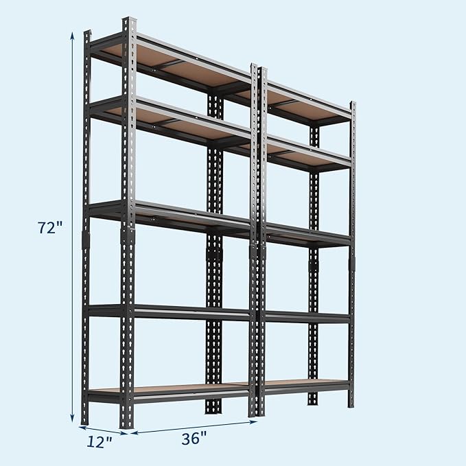 5-Tier Heavy Duty Adjustable Metal Storage Unit, 72" h x 35.5" w x 12" d, for Garage, Basement, Warehouse, Pantry, Closet, Kitchen, Black，2 Pack