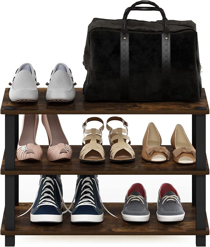 Furinno Turn-S-Tube 3-Tier Shoe Rack, Amber Pine/Black