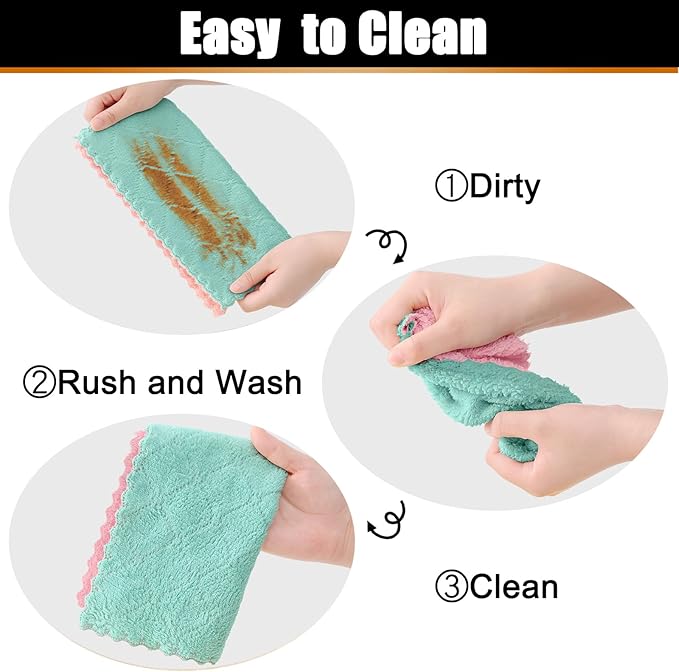 Mordimy 18 Pack Kitchen Cloths Dish Towels (10" x 10", Green & Pink), Super Soft and Absorbent Dish Cloths, Coral Velvet Microfiber Cleaning Cloth, Nonstick Oil Fast Dry Dishcloths