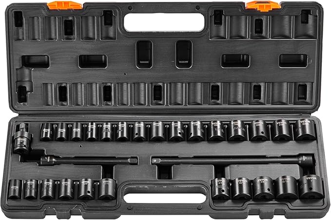 VEVOR 3/8" Drive Impact Socket Set, 29 Piece Shallow Socket Set SAE 3/8"-1" and Metric 8-22mm, 6 Point CR-V Alloy Steel for Auto Repair, Easy-to-Read Size Markings, Rugged Construction, Storage Case