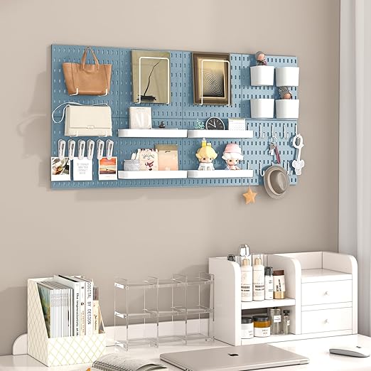 Pegboard Combination Kit, 8 Peg Boards and 30 Accessories Modular Hanging Black Pegboard for Walls, Office Wall Organizer, Keys Holder on Wall, Nursery Storage, 44"x22" Blue