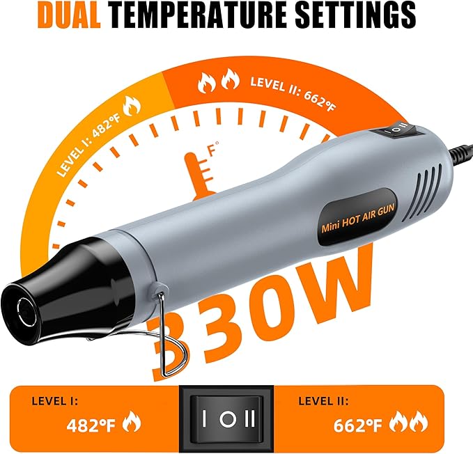 Mini Heat Gun 482℉ & 662℉ 2-Modle Temperature Control, Overload protection Ergonomic Design pistola de calor,Mini heat gun' for crafting，shrink tubing，vinyl wrap，resin